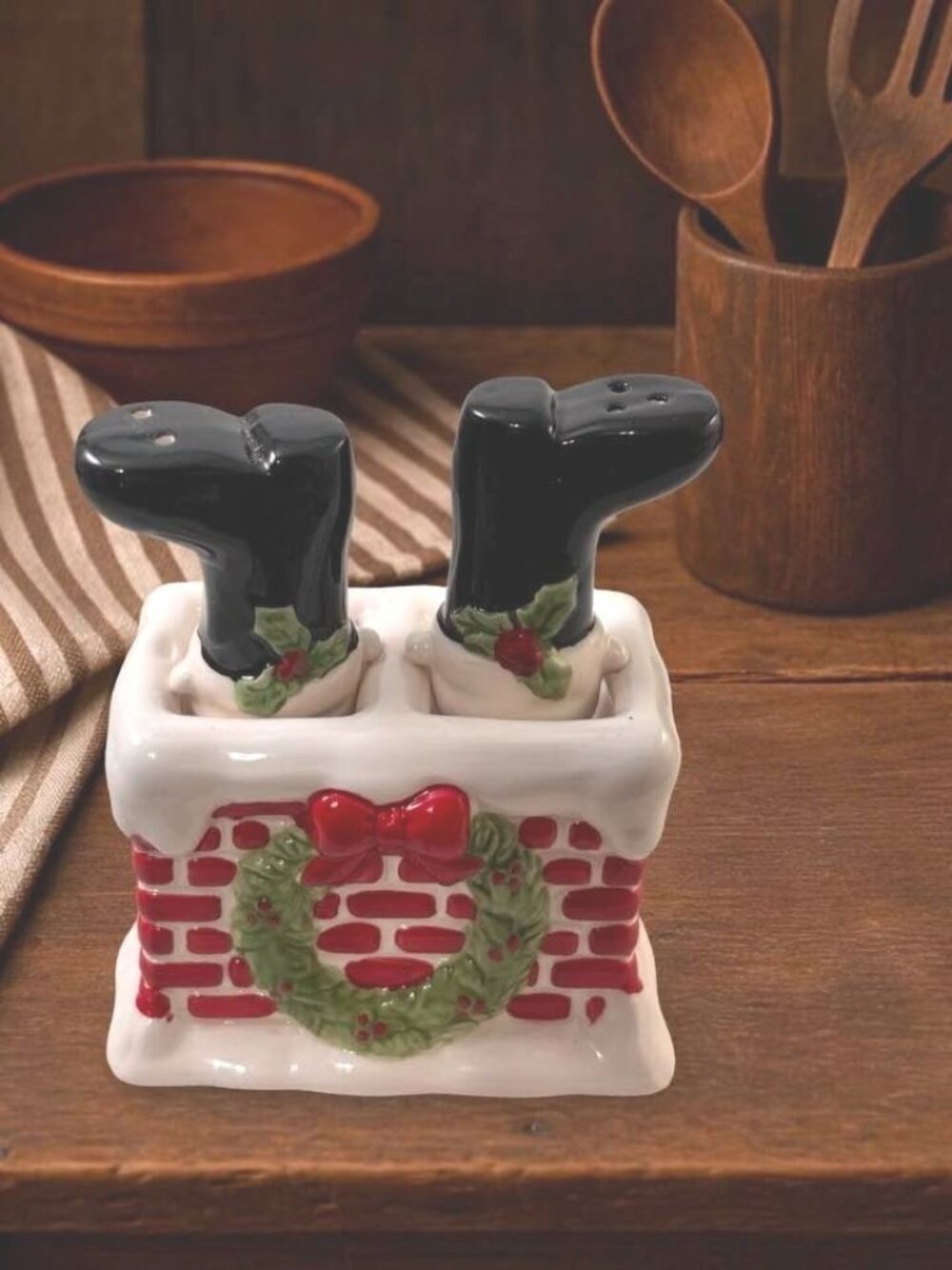 Vintage Santa Chimney Salt Pepper Shakers Rocking Nodder Boots Christmas Ceramic